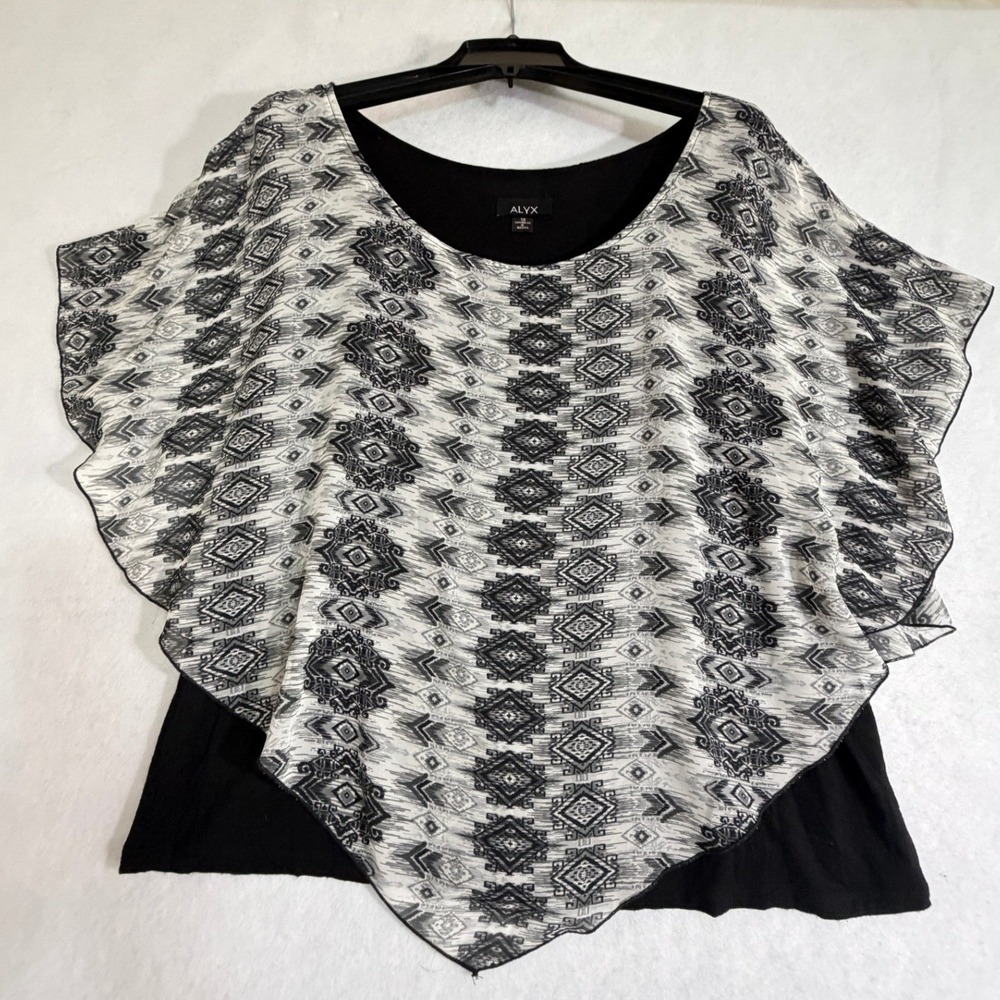 ALYX Womens 1X Black Layered Poncho Top Geometric Print Girls‎ Night Out